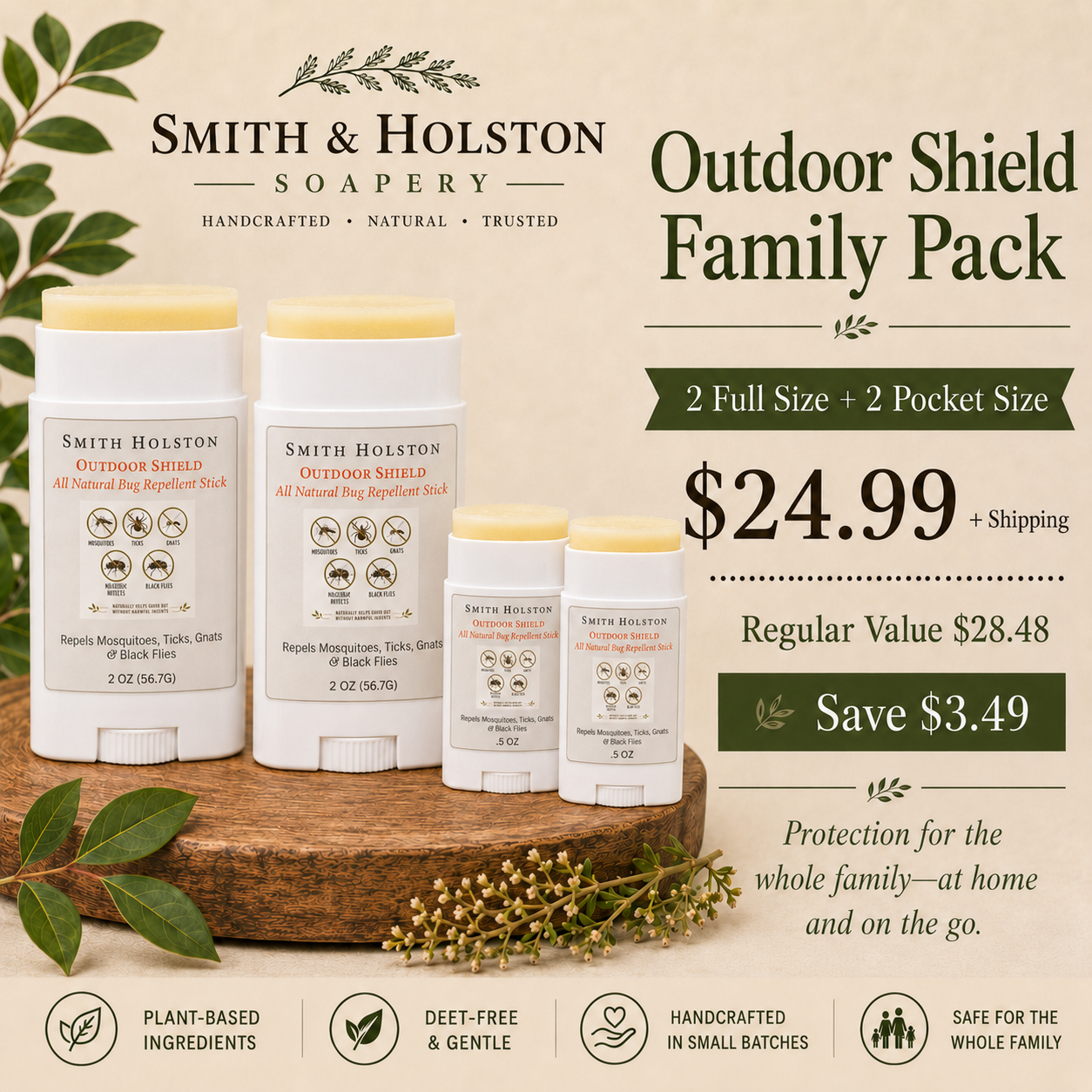 DEET-Free Natural Bug Repellent Family Pack, Outdoor Shield Sticks, 2 Full Size + 2 Pocket Size
