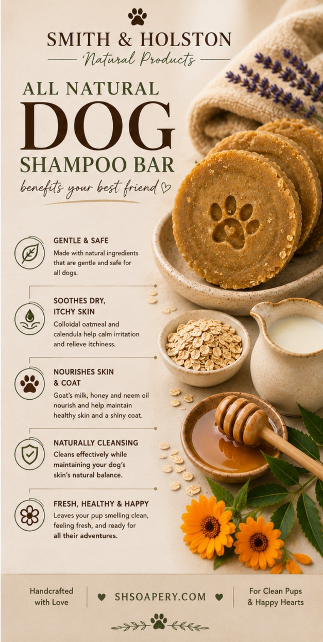 Natural Dog Shampoo Bar, Goat Milk & Oatmeal Dog Soap, Unscented Pet Shampoo for Dry & Itchy Skin, Handmade Dog Grooming Bar with Neem Oil, 4.2 oz